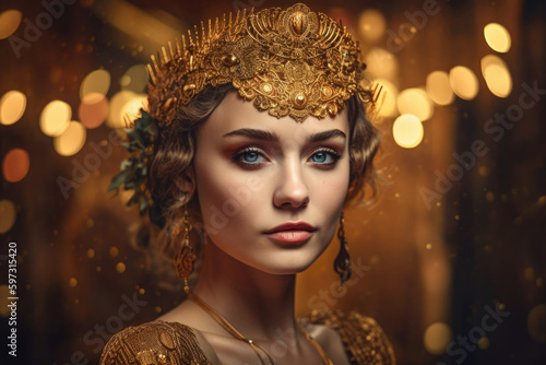 breathtaking portrait of a stunning woman with intricate golden jewelry and a golden headpiece, set against a vibrant golden bokeh background, generative ai