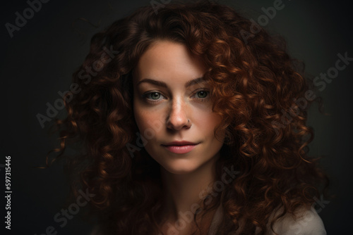 Captivating portrait of a beautiful woman with stunning green eyes and cascading curly hair, set against a soft, neutral gray background, generative ai