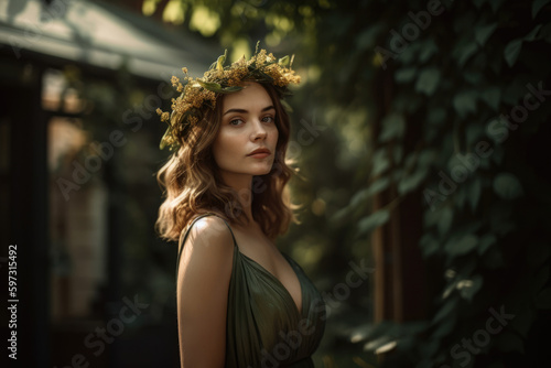 Captivating portrait of a gorgeous woman wearing a flowing forest green gown and a crown of fresh leaves, standing in a sun-drenched garden, generative ai © aicandy