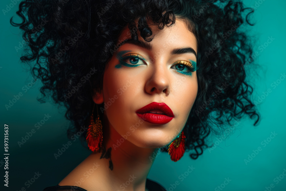 captivating portrait of a woman with turquoise eyeshadow, luscious red lips, and curly black hair, standing against a lively turquoise background, generative ai captivating portrait of a woman with turquoise eyeshadow, luscious red lips, and curly black hair, standing against a lively turquoise background, generative ai