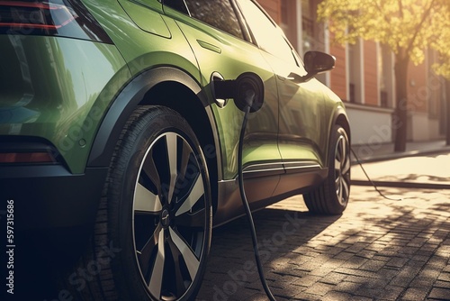 Electric vehicle recharging with renewable energy. Generative AI © Aradia