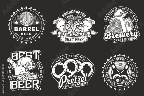 Beer set of designs with beer cap, can, hop, skeleton and bottle. Skull, beer glass, barly, bone hand and bottle for brewery or bar. Craft beer vector logos or emblems for pub and store