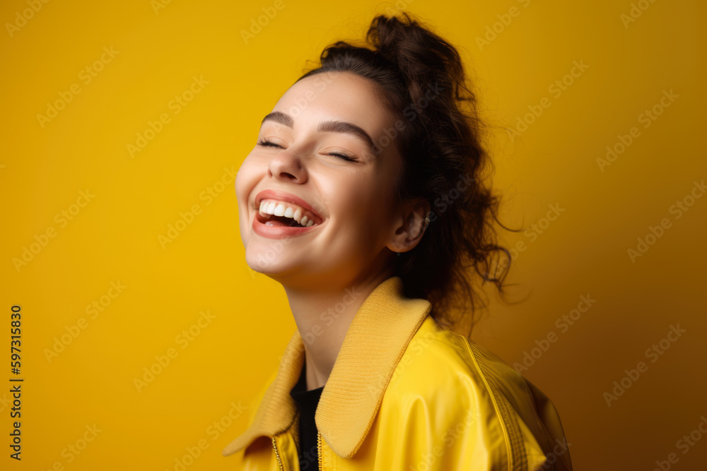 Charming portrait of a cheerful and bubbly woman with a bright yellow background, radiating joy and positivity, generative ai Charming portrait of a cheerful and bubbly woman with a bright yellow background, radiating joy and positivity, generative ai