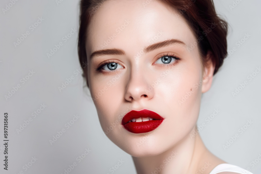 Classic portrait of a beautiful woman with creamy white skin and red lips, set against a simple white background, generative ai Classic portrait of a beautiful woman with creamy white skin and red lips, set against a simple white background, generative ai