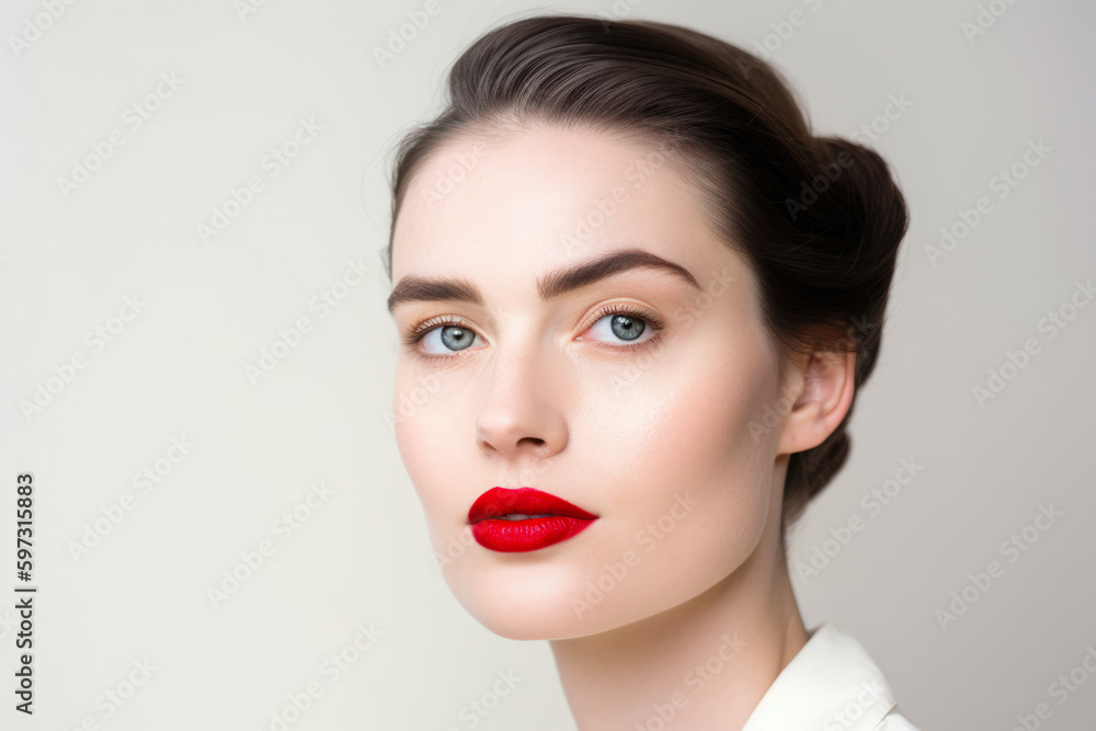 Classic portrait of a beautiful woman with creamy white skin and red lips, set against a simple white background, generative ai Classic portrait of a beautiful woman with creamy white skin and red lips, set against a simple white background, generative ai