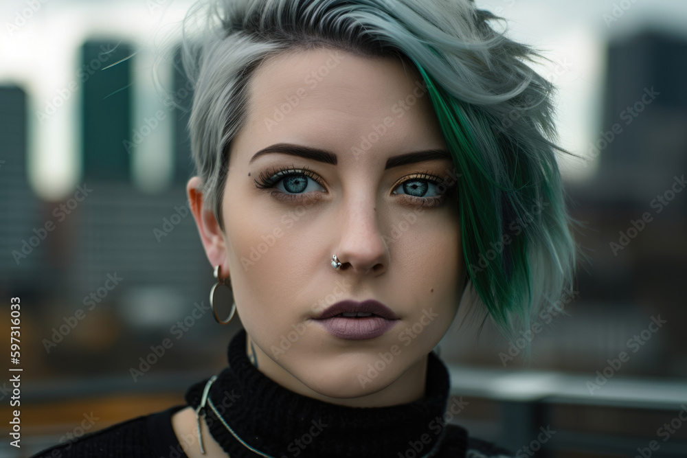 Close-up of a gorgeous woman with piercing green eyes and sleek, pewter-colored hair, set against a backdrop of a steel skyscraper, generative ai Close-up of a gorgeous woman with piercing green eyes and sleek, pewter-colored hair, set against a backdrop of a steel skyscraper, generative ai