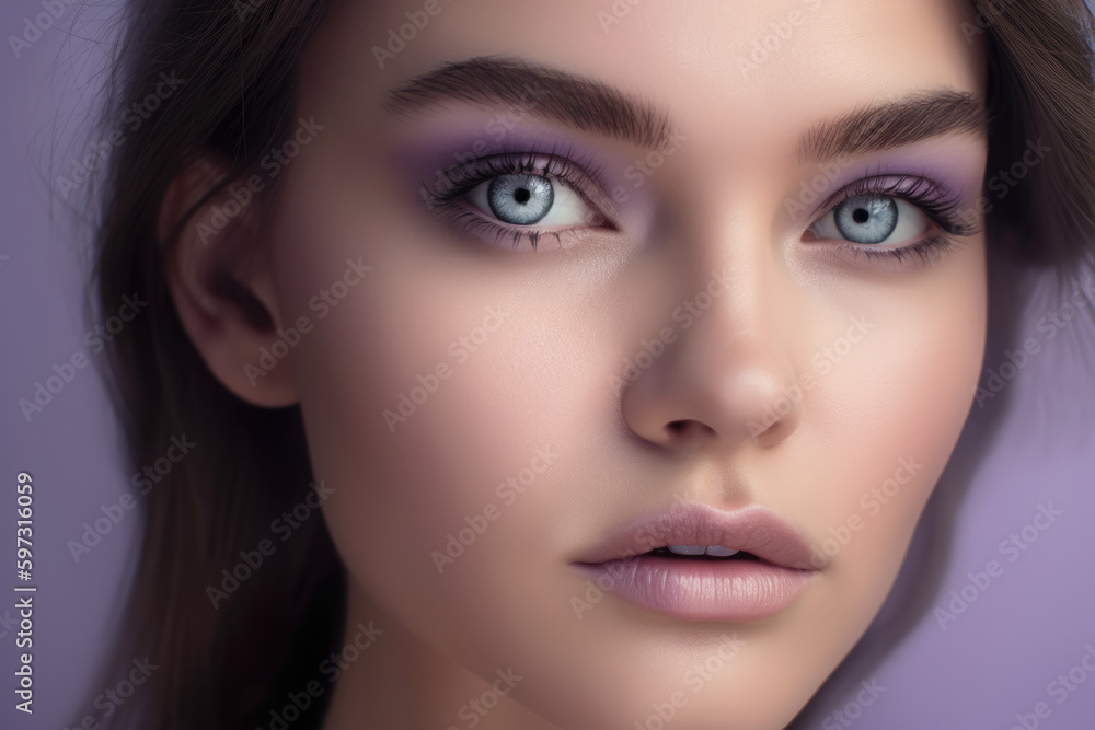 Close-up of a stunning woman with deep purple eyes and soft lavender lips set against a pale lilac background, generative ai Close-up of a stunning woman with deep purple eyes and soft lavender lips set against a pale lilac background, generative ai