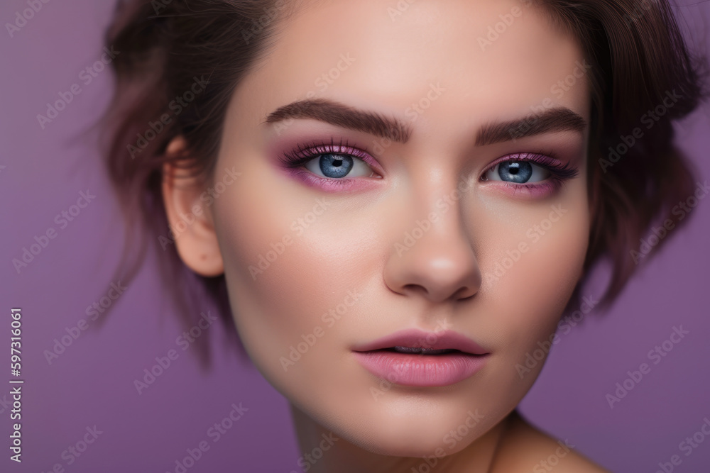 Close-up of a stunning woman with deep lilac eyes and rose-colored lips against a pale pink-purple background, generative ai Close-up of a stunning woman with deep lilac eyes and rose-colored lips against a pale pink-purple background, generative ai