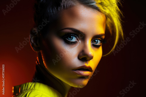 Wallpaper Mural Close-up of a gorgeous woman with a neon yellow background and a mysterious expression on her face, generative ai Torontodigital.ca
