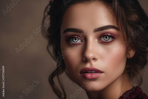 Wallpaper Mural Close-up of a beautiful woman's face with striking garnet lips, highlighting her captivating hazel eyes and delicate features against a soft blush pink background, generative ai Torontodigital.ca