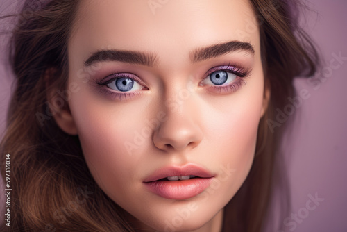 Close-up of a stunning woman with deep lilac eyes and rose-colored lips against a pale pink-purple background, generative ai