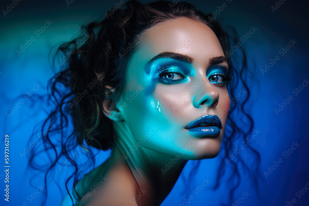 Naklejka premium Close-up portrait of a beautiful woman with neon blue eyeshadow and glossy lips, set against a bright neon blue background, generative ai