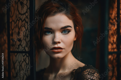 Close-up portrait of a beautiful woman with rust-colored lips and smoky eye makeup, wearing a black lace dress and standing against a rusty metal background, generative ai