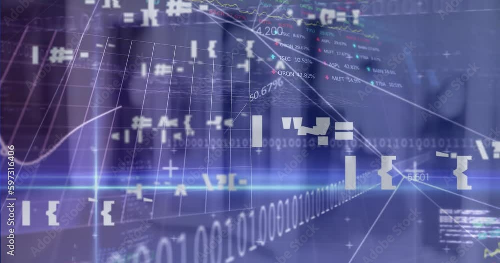Animation of data processing and binary coding over office Animation of data processing and binary coding over office