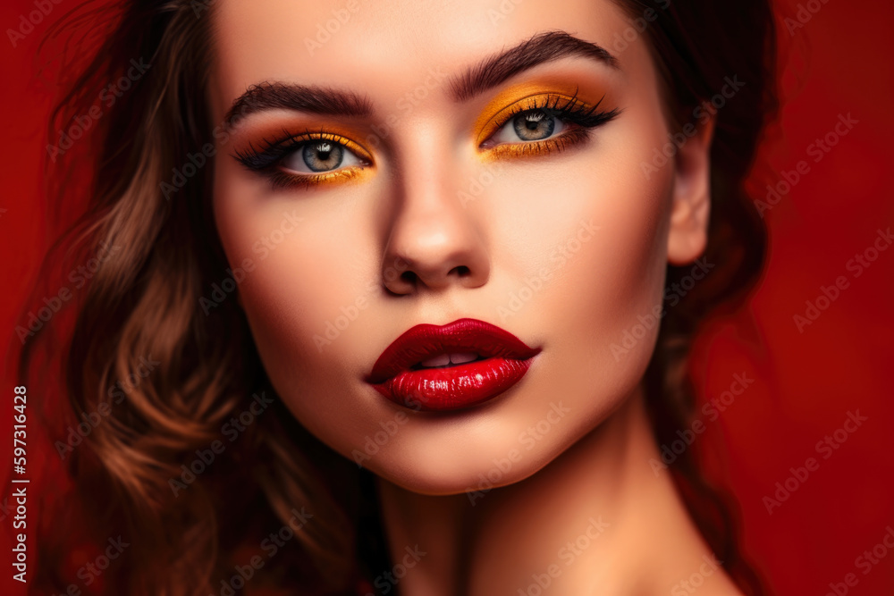 Close-up portrait of a stunning woman with a bold red lip and attractive gaze against a burnt orange background, generative ai