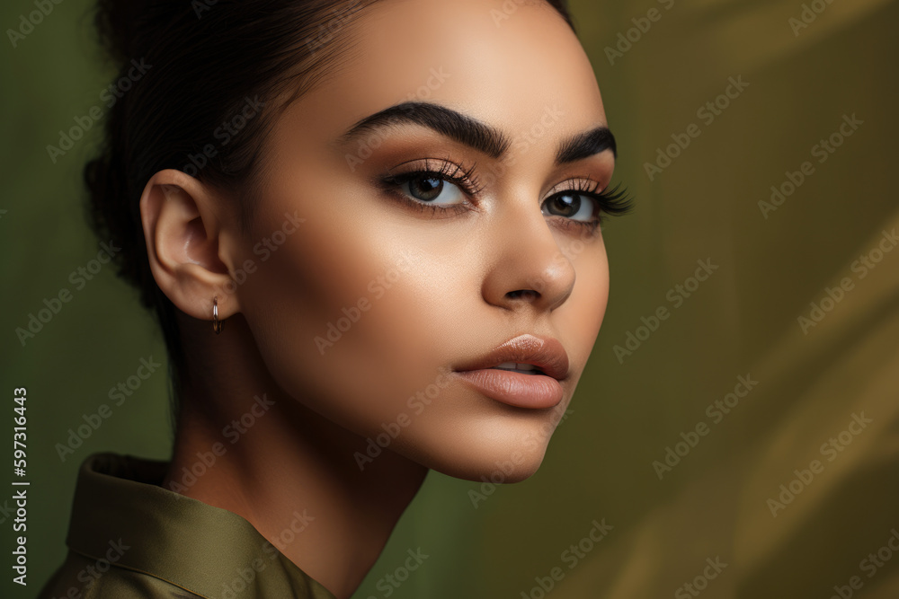 Naklejka premium Close-up portrait of a stunning woman with bold eyebrows and a flawless complexion against a light olive green background, exuding poise and sophistication, generative ai