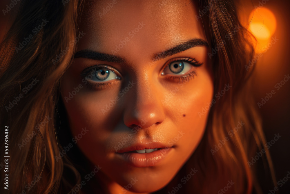 Close-up portrait of a stunning woman with mesmerizing neon orange eyes and a soft, neutral background, generative ai Close-up portrait of a stunning woman with mesmerizing neon orange eyes and a soft, neutral background, generative ai