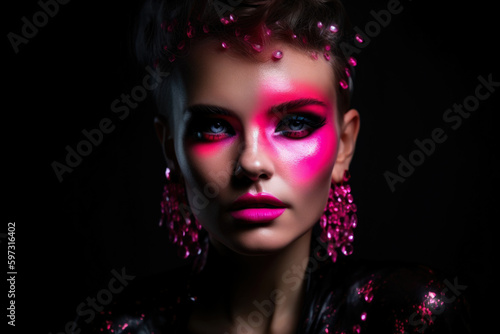 Close-up portrait of a gorgeous woman with striking neon pink makeup and crystal accessories, against a black background, generative ai