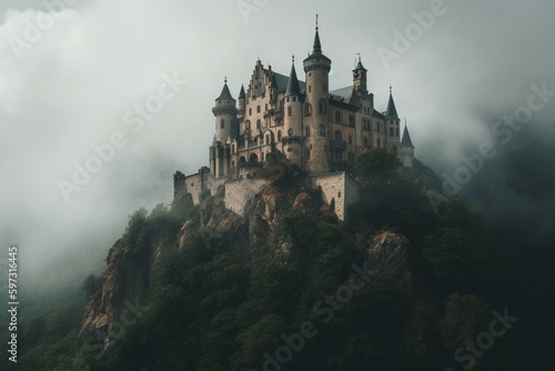 A mysterious castle atop a foggy mountain, evoking dark fantasy and enchanting dreams. Keywords: Castle, Mountain, Fog, Enchantment, Tarot, Haunted, Cloud, Palace, Solitary, Fairy tale. Generative AI