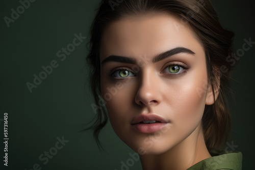 Close-up portrait of a stunning woman with bold eyebrows and a flawless complexion against a light olive green background, exuding poise and sophistication, generative ai