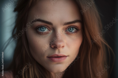 Close-up portrait of a stunning woman with light brown hair and piercing blue eyes against a muted lavender background, generative ai