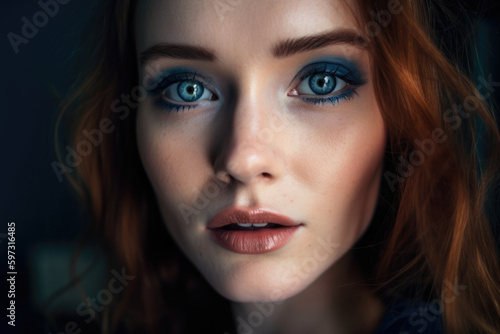 Wallpaper Mural Close-up portrait of a stunning woman with piercing blue eyes, full lips, and flawless skin, wearing navy blue eyeshadow, generative ai Torontodigital.ca