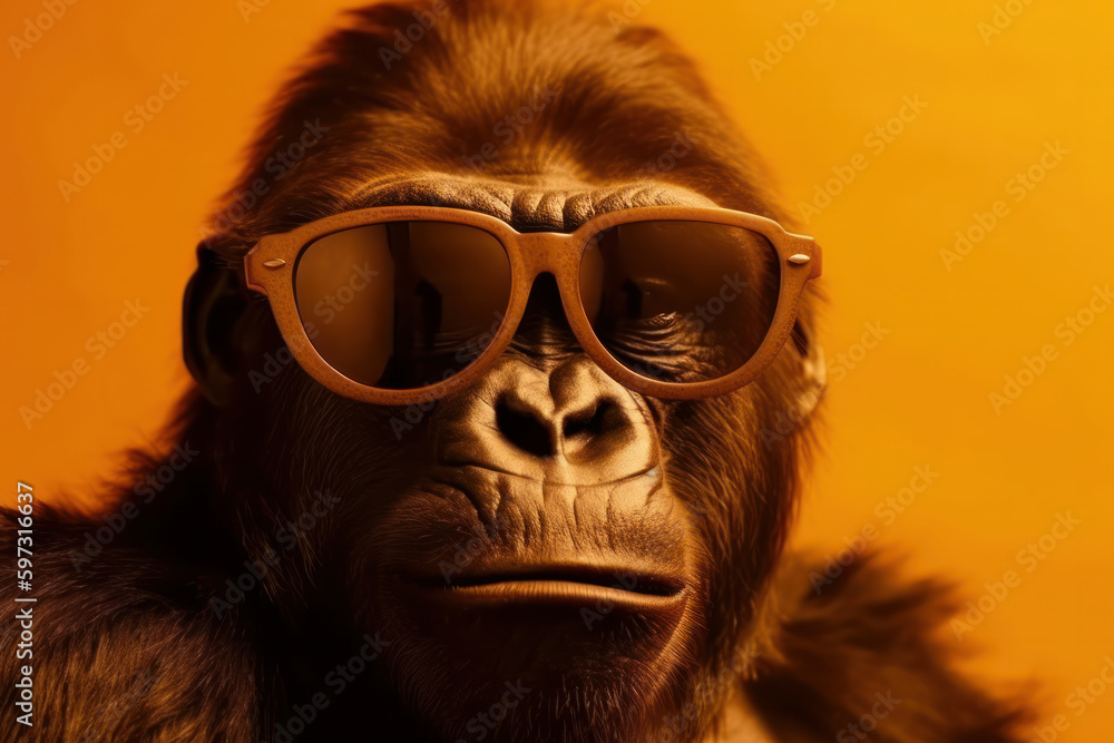 Witness the strength and power of this gorilla as he rocks a pair of sunglasses on a bright yellow background. A true force of nature. AI Generative.