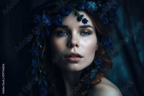 Dreamy portrait of a beautiful woman with a dark blue background and ethereal makeup that creates a mystical and magical atmosphere in the image, generative ai