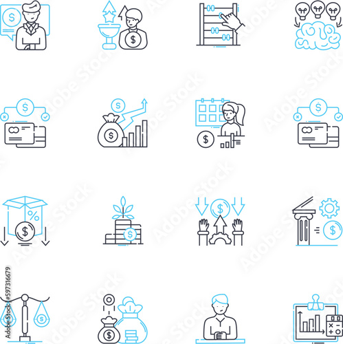 Resource analysis linear icons set. Planning, Evaluation, Resourcefulness, Capacity, Optimization, Efficiency, Utilization line vector and concept signs. Management,Allocation,Sustainability outline