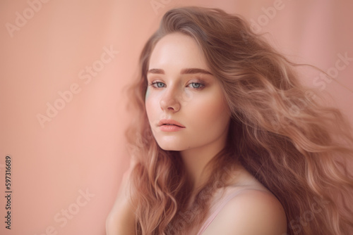 Dreamy woman with soft pink blush and flowing hair, gazing serenely against a pale pink background that evokes a sense of calm and tranquility, generative ai