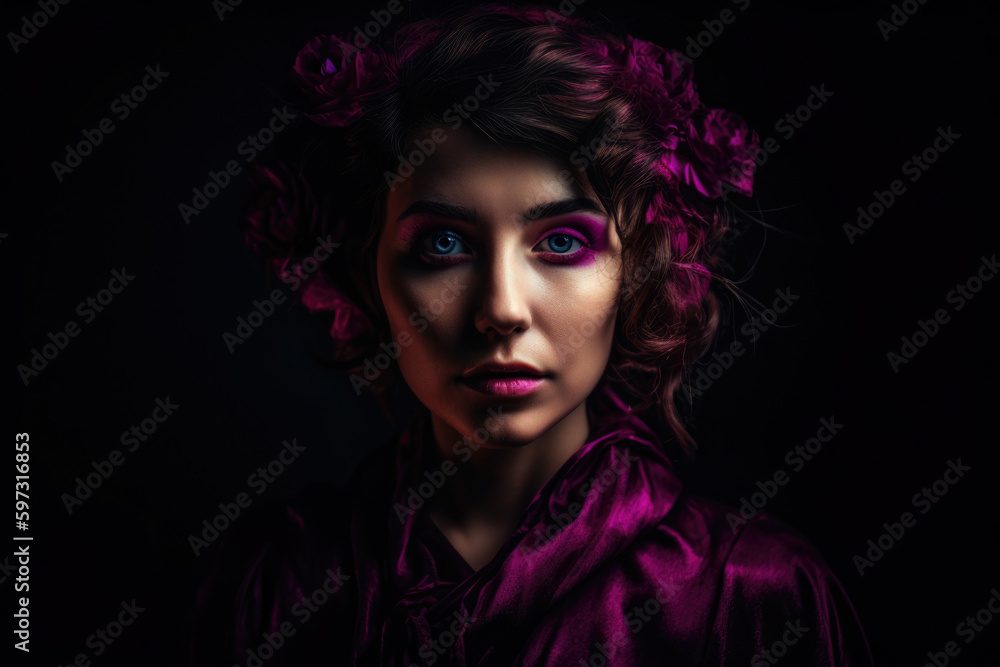 Enchanting Magenta Portrait of a Mysterious Woman with Dark Eyes Against a Black Background, generative ai Enchanting Magenta Portrait of a Mysterious Woman with Dark Eyes Against a Black Background, generative ai