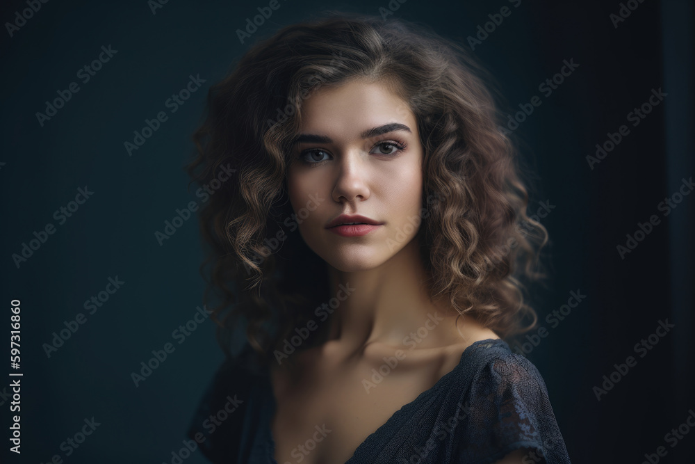 Elegant young woman with curly hair, wearing a dark gray off-shoulder dress and gazing confidently into the camera against a dark gray background, generative ai Elegant young woman with curly hair, wearing a dark gray off-shoulder dress and gazing confidently into the camera against a dark gray background, generative ai