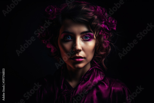 Enchanting Magenta Portrait of a Mysterious Woman with Dark Eyes Against a Black Background, generative ai © aicandy