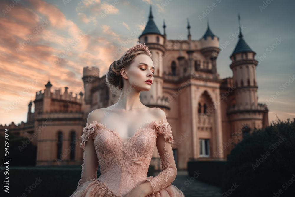 Exquisite portrait of a woman in pale pink gown, with intricate braided hair and delicate makeup, standing in front of a majestic castle with the evening sky, generative ai