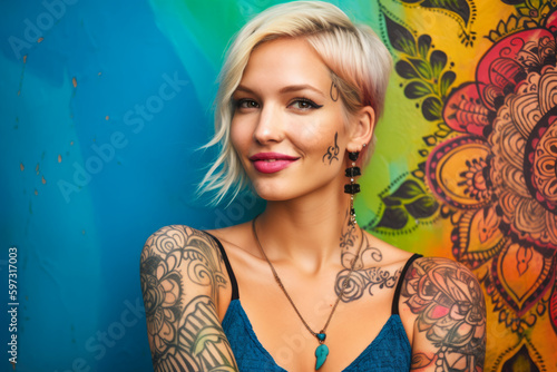 Exotic beauty of a woman with creamy white skin and intricate henna tattoos, against a vibrant, colorful background, generative ai