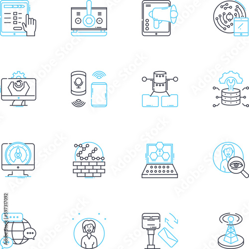 Online communication linear icons set. Instantaneous, Efficient, Streamlined, Accurate, Dynamic, Flexible, Secure line vector and concept signs. Collaborative,Interconnected,Global outline photo