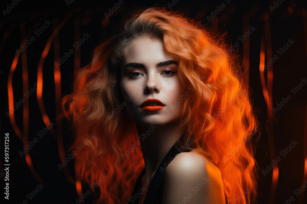 Glamorous portrait of a beautiful woman with flowing hair and bright neon orange lips, set against a dark and moody background, generative ai Glamorous portrait of a beautiful woman with flowing hair and bright neon orange lips, set against a dark and moody background, generative ai