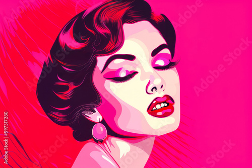 Glamorous woman with bright pink lipstick and a sleek bob, posing confidently against a vivid pink background reminiscent of a pop art painting, generative ai