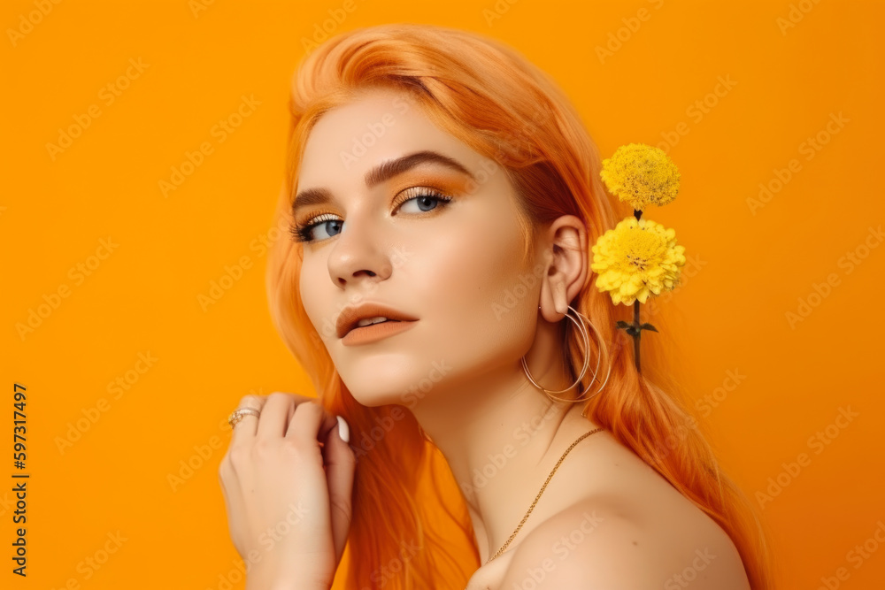 Gorgeous woman with long yellow hair and yellow flower earrings standing against a yellow and orange gradient background, generative ai Gorgeous woman with long yellow hair and yellow flower earrings standing against a yellow and orange gradient background, generative ai