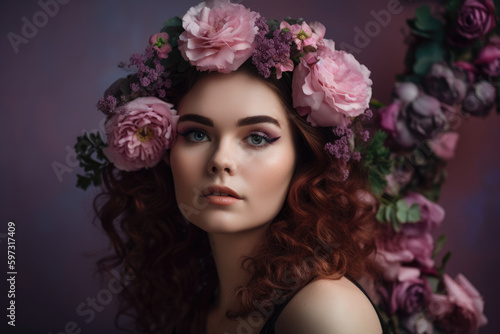 gorgeous woman with a flower crown and delicate mauve makeup, posing against a backdrop of blooming flowers in varying shades of pink and purple, generative ai