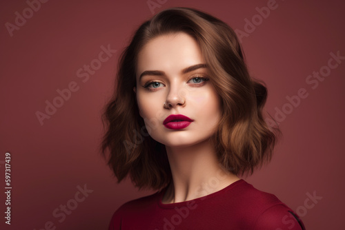 gorgeous woman with light brown hair and a deep red lip color gazing confidently at the camera against a soft pink background, generative ai