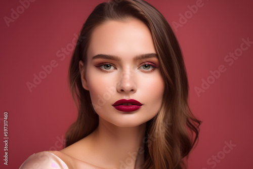 gorgeous woman with light brown hair and a deep red lip color gazing confidently at the camera against a soft pink background, generative ai