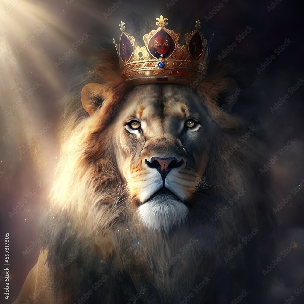 Naklejka premium Portrait of Beautiful King Lion, Illustration Lion in dark. Generative AI
