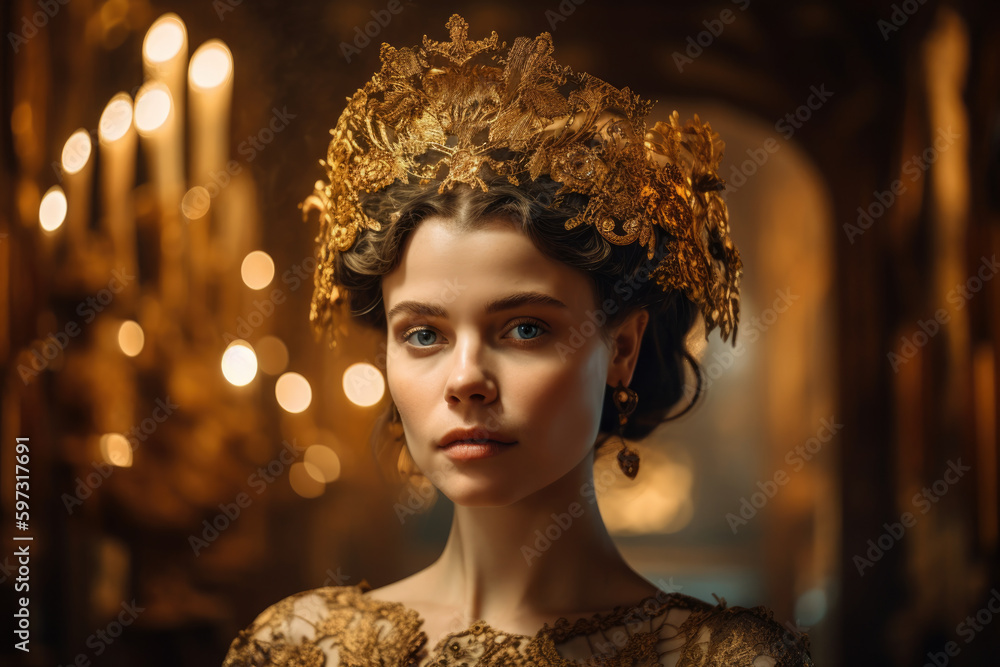 majestic portrait of a regal woman with a golden crown and golden ...