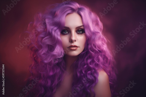 Magical Magenta Portrait of a Dreamy Woman with Flowing Purple Hair Against a Lavender Background, generative ai