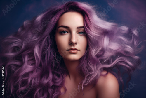 Magical Magenta Portrait of a Dreamy Woman with Flowing Purple Hair Against a Lavender Background, generative ai