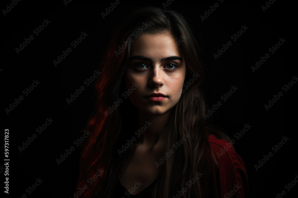 Mysterious beauty with piercing brown eyes and flowing dark brown hair standing against a black background with a hint of red light, generative ai