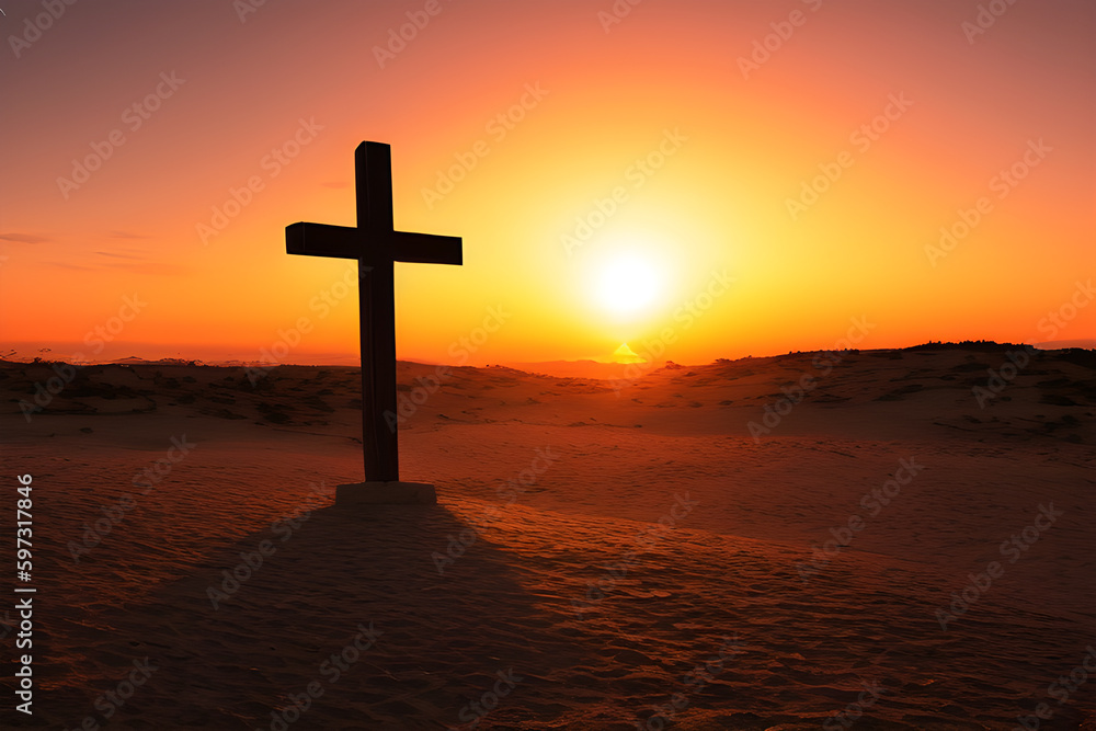 Cross on the hill at sunset view Cross on the hill at sunset view