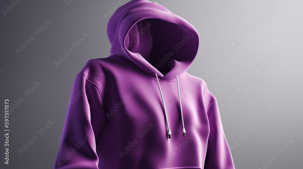 A purple 3D hoodie mockup, empty, without any graphics or design, on a white background Generative AI
