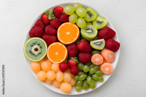 Bowl of fruits top view on white background